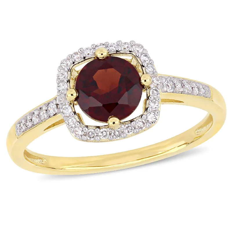 Miadora 1ct TGW Garnet and 1/7ct TW Diamond Halo Ring in 10k Yellow Gold