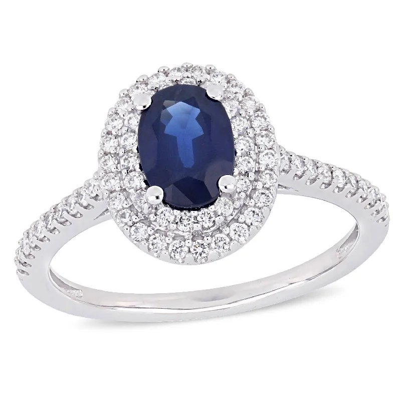 Miadora 1ct TGW Oval Sapphire and 1/3ct TW Diamond Double Halo Ring in 14k White Gold