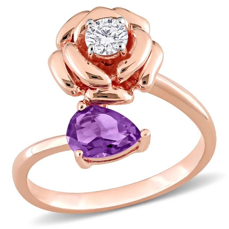 Miadora 1ct TGW Pear African Amethyst and White Topaz 2-Stone Rose Ring in Rose Silver