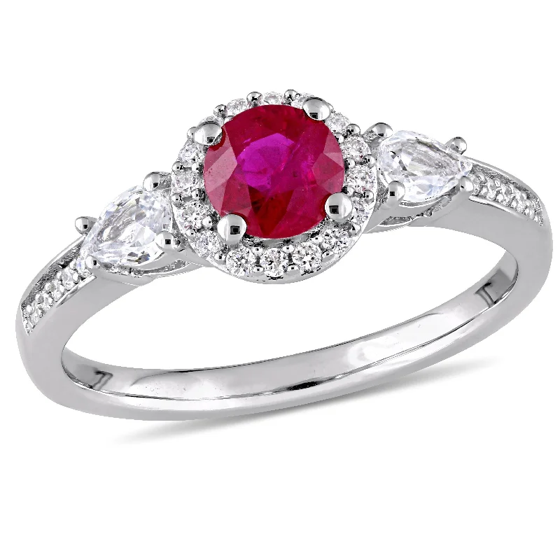 Miadora 1ct TGW Ruby and White Sapphire 3-Stone Ring 1/8ct TW Diamond Halo in 14k White Gold