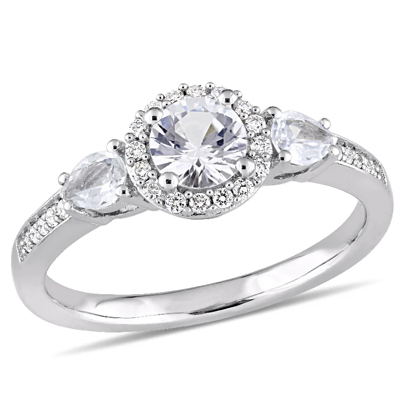 Miadora 1ct TGW White Sapphire 3-Stone Ring with 1/8ct TW Diamond Halo in 14k White Gold