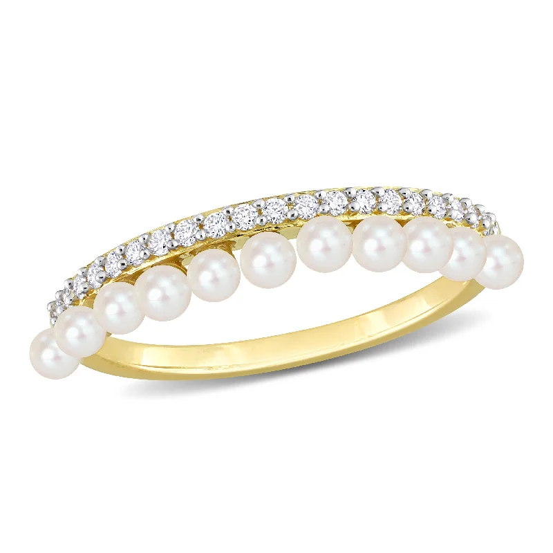 Miadora 2-2.5mm Cultured Freshwater Pearl and 1/6ct TDW Diamond Single Row Ring in 14k Yellow Gold