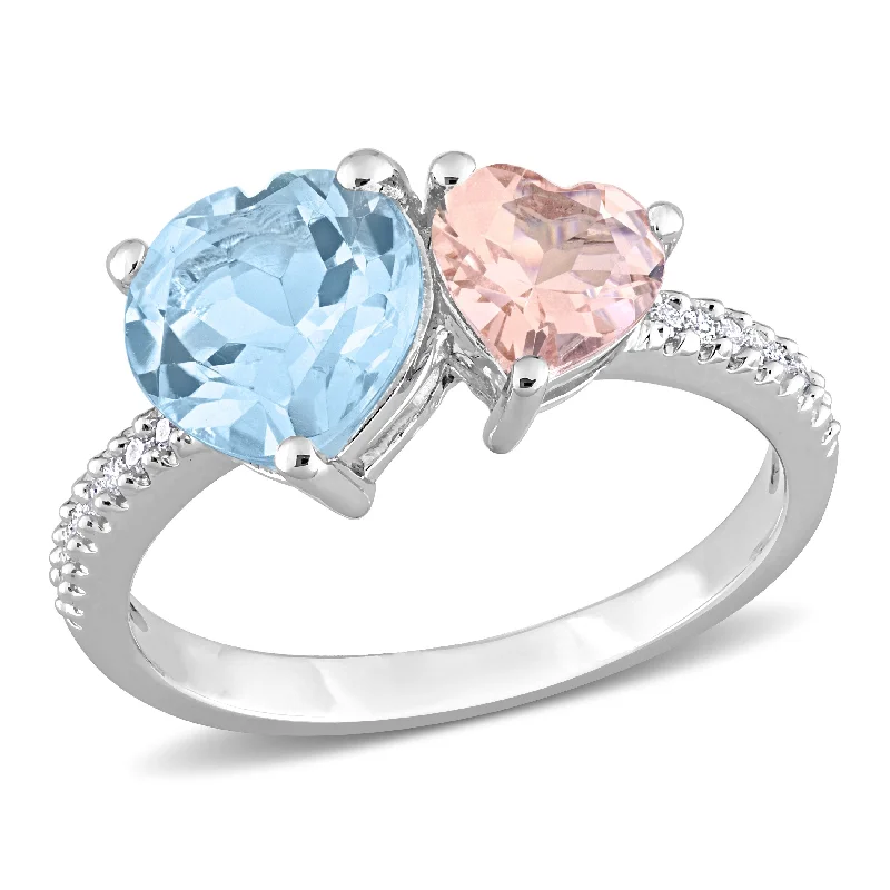 Miadora 2 5/8ct TGW Sky Blue Topaz and Morganite with 1/10ct TW Diamond 2-Stone Toi et Moi Ring in Sterling Silver