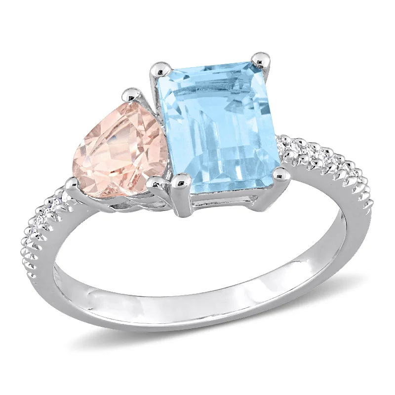 Miadora 2 5/8ct TGW Sky Blue Topaz and Morganite with 1/10ct TW Diamond 2-Stone Toi et Moi Ring in Sterling Silver