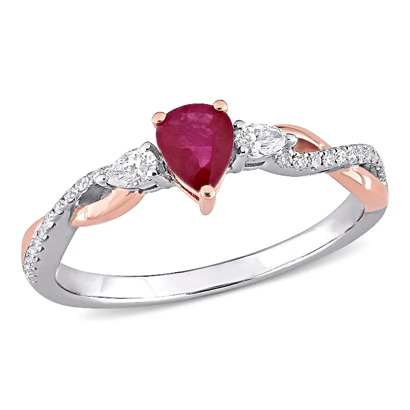 Miadora 2/5ct TGW Ruby and 1/5ct TDW Diamond 3-stone Promise Ring in Two-Tone 14k White and Rose Gold