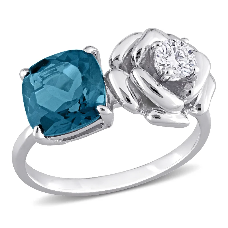 Miadora 2 7/8ct TGW Cushion-Cut London Blue Topaz and White Topaz 2-Stone Rose Ring in Sterling Silver