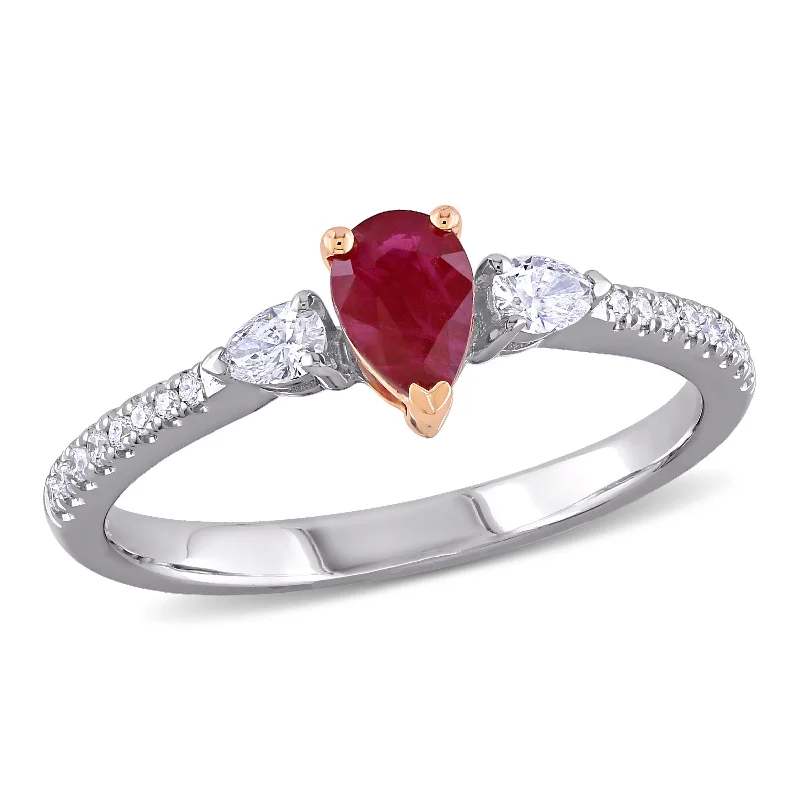 Miadora 2/8ct TGW Pear Shape Ruby and 1/4ct TDW Diamond 3-stone Ring in Two-Tone 14k White & Rose Gold