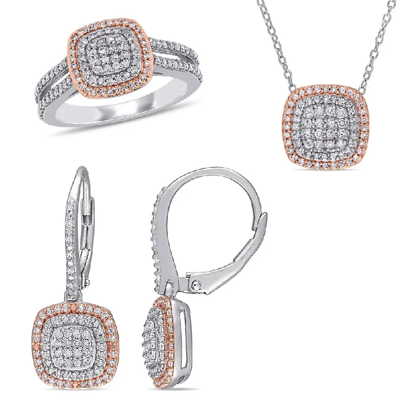 Miadora 2-Tone Sterling Silver 1 1/2ct TDW Diamond Clustered Halo Jewelry Set