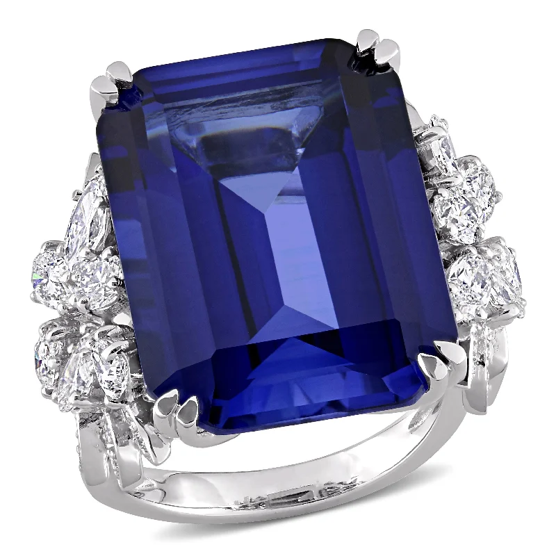 Miadora 27ct TGW Created Blue Sapphire and 1 3/4ct TDW Diamond Halo Engagement Ring in 14k White Gold