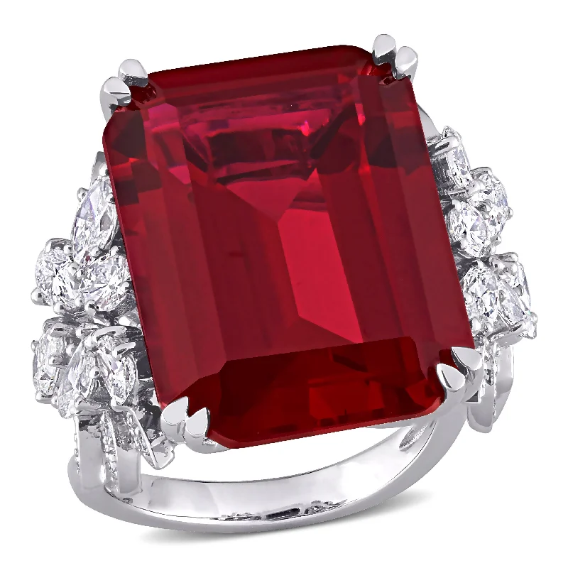 Miadora 27ct TGW Created Ruby and 1 3/4ct TW Multi-Shape Diamond Halo Ring in 14k White Gold