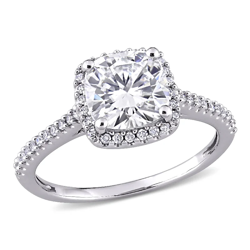 Miadora 2ct DEW Cushion Created Moissanite and 1/4ct TW Diamond Halo Engagement Ring in 14k White Gold