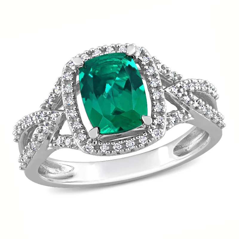 Miadora 2ct TGW Aquamarine Created Emerald and 1/6ct Diamond Split-Shank Halo Ring in 10k White Gold