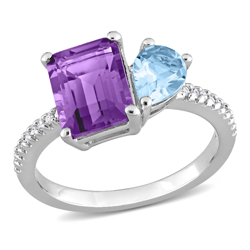 Miadora 3 1/10ct TGW Sky Blue Topaz and Amethyst with 1/10ct TDW Diamond 2-Stone Toi et Moi Ring in Sterling Silver