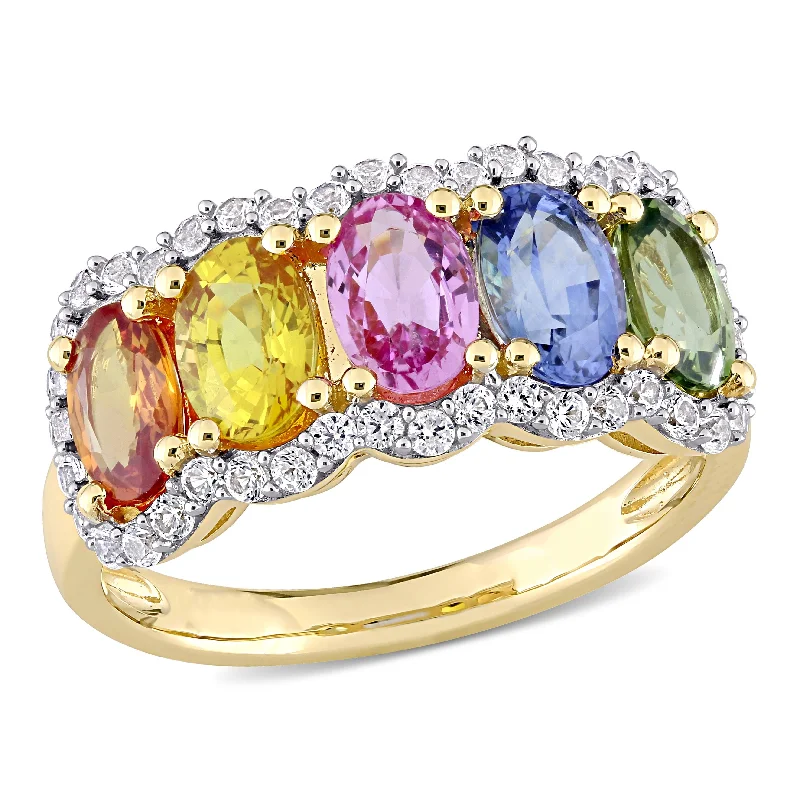 Miadora 3 1/3ct TGW Multi-Color Sapphire 5-Stone Halo Ring in 14k Yellow Gold