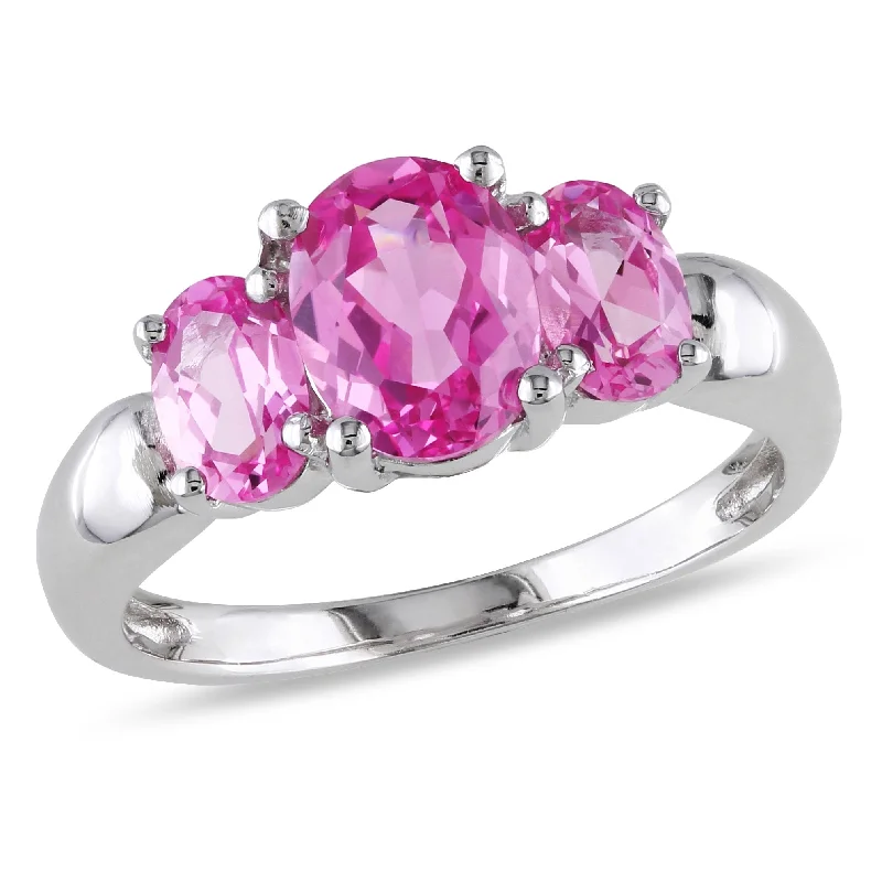 Miadora 3 1/6ct TGW Oval Cut Created Pink Sapphire 3-Stone Ring in Sterling Silver