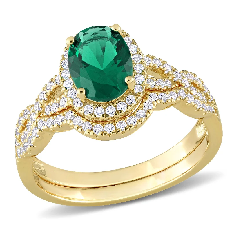 Miadora 3 1/6ct TGW Oval-Cut Green and White Cubic Zirconia Halo Ring Set In Yellow Silver