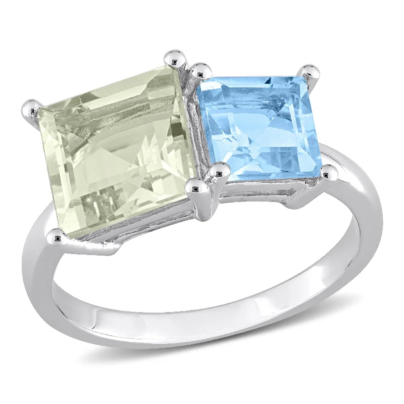 Miadora 3 3/4ct TGW Square Green Quartz and Sky Blue Topaz Ring in Sterling Silver