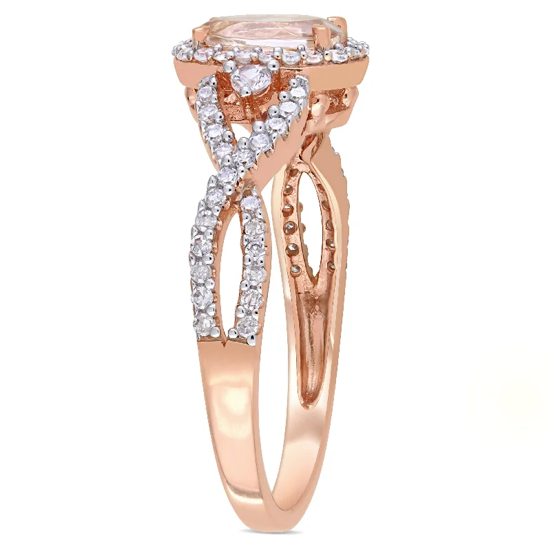 Miadora 3/4ct TGW Morganite, White Sapphire and 1/3ct TDW Diamond Halo Crossover Ring in 10k Rose Gold