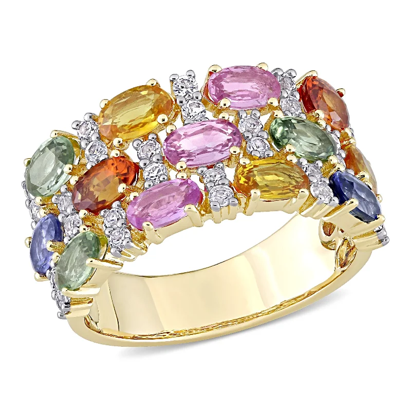 Miadora 4 1/3ct TGW Multi-Color Sapphire Triple Row Ring in 14k Yellow Gold