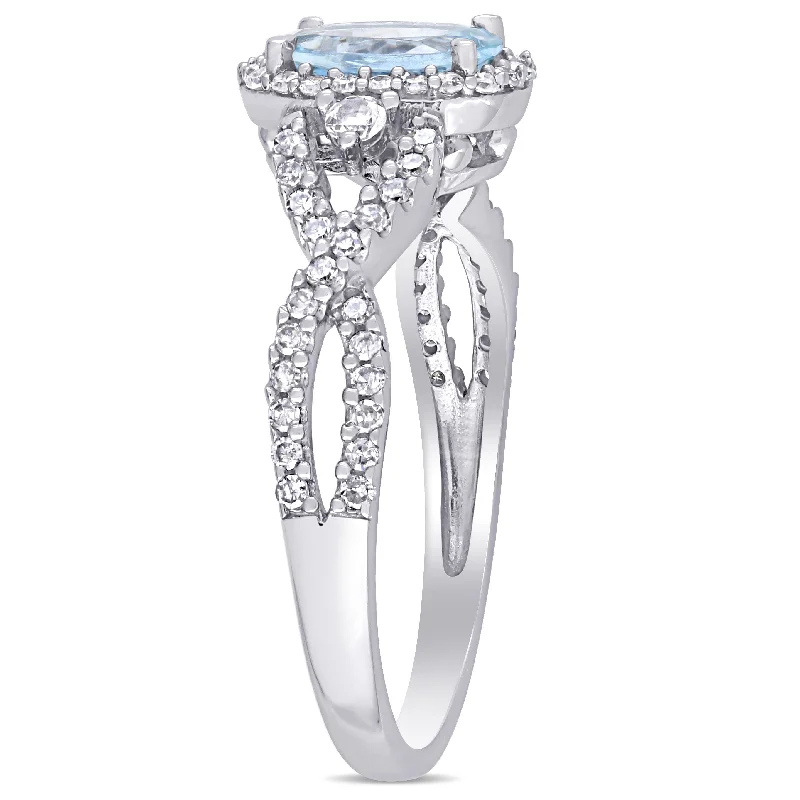 Miadora 5/8ct TGW Aquamarine White Sapphire and 1/3ct TW Diamond Halo Ring in 10k White Gold