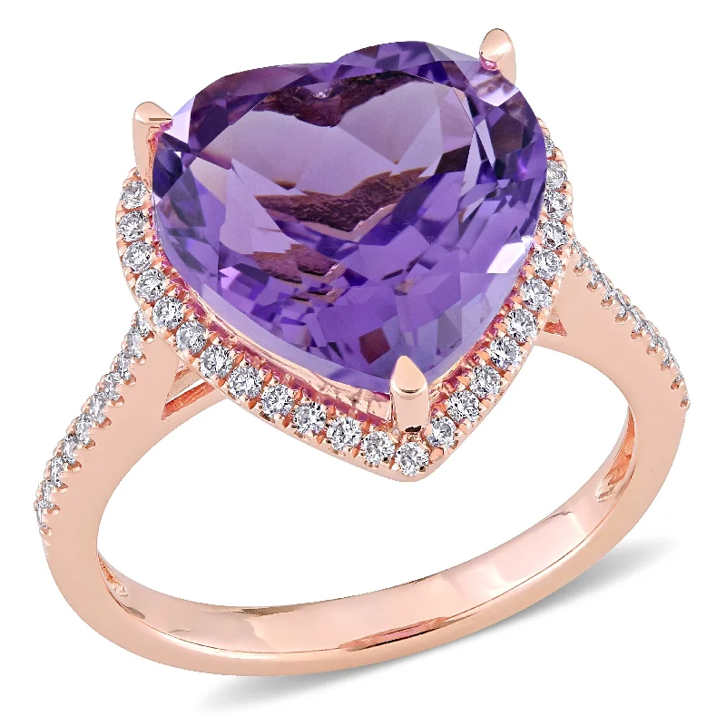 Miadora 6 1/2ct TGW Heart Shape Amethyst and 1/3ct TW Diamond Halo Ring in 14k Rose Gold