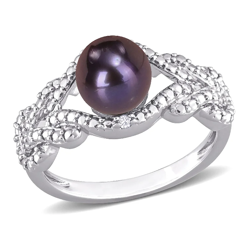 Miadora 7-7.5mm Black Cultured Freshwater Pearl and Diamond Accent Criss-Cross Ring in Sterling Silver