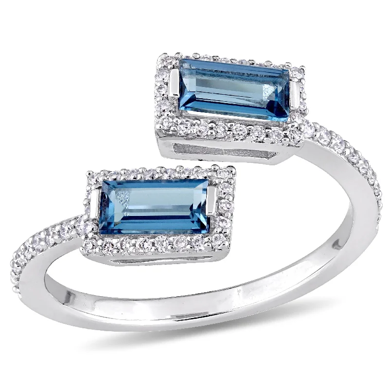 Miadora 7/8ct TGW London Blue Topaz and 1/4ct TW Diamond Halo Bypass Ring 14k White Gold