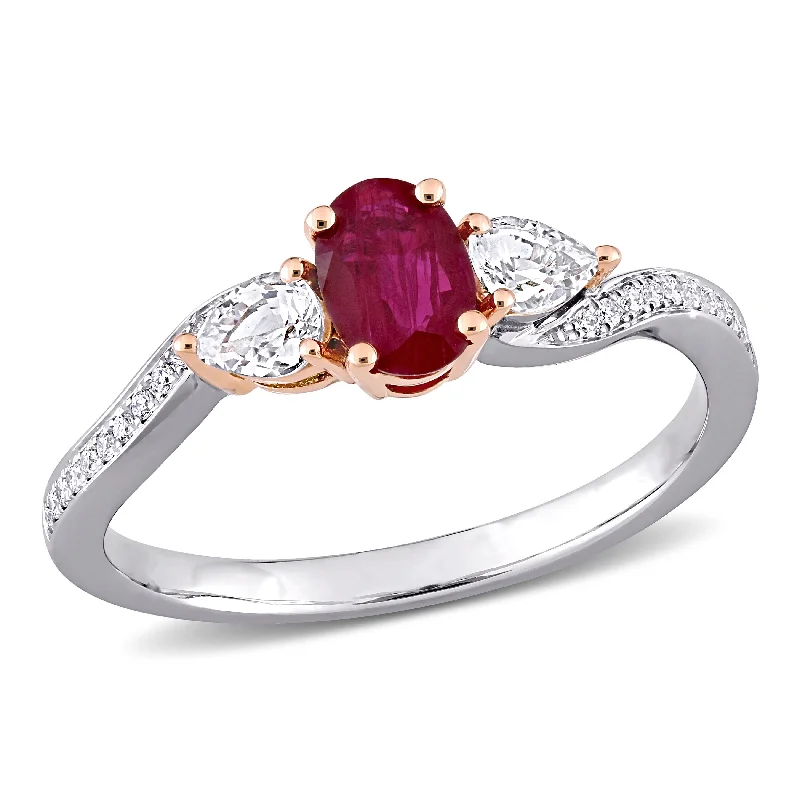 Miadora 7/8ct TGW Oval Shape Ruby and Diamond Accent 3-stone Ring in Two-Tone 14k White & Rose Gold