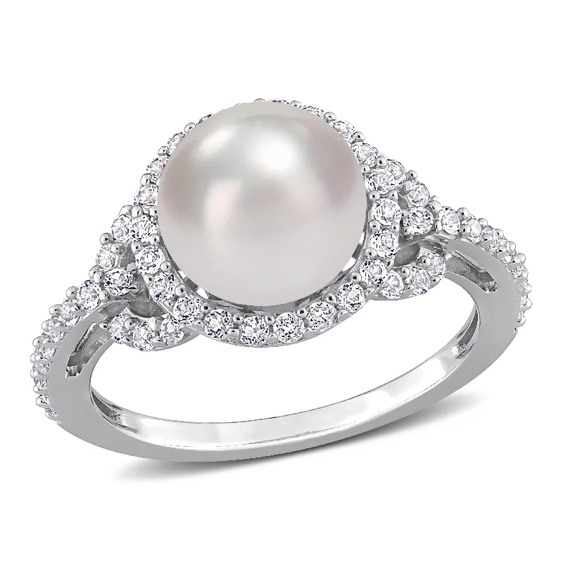 Miadora 8.5-9mm Cultured Freshwater Pearl and 3/4ct TGW White Topaz Halo Ring in Sterling Silver