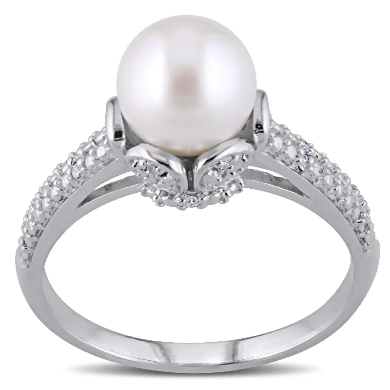 Miadora 8-8.5mm White Cultured Freshwater Pearl & Diamond Accent Ring in Sterling Silver