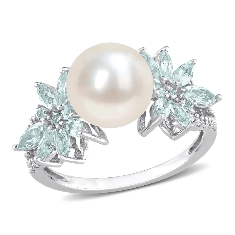 Miadora 9-9.5mm Cultured Freshwater Pearl and 3/5ct TGW Aquamarine and 1/8ct TW Diamond Flower Ring in 14k White Gold