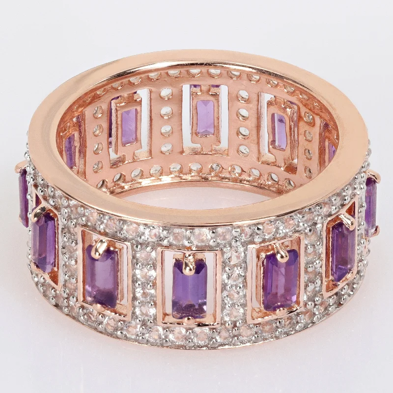 Miadora African Amethyst and White Topaz Eternity Ring in Rose Plated Sterling Silver