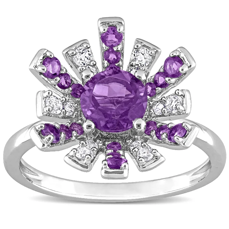 Miadora African Amethyst and White Topaz Floral Cluster Ring in Sterling Silver