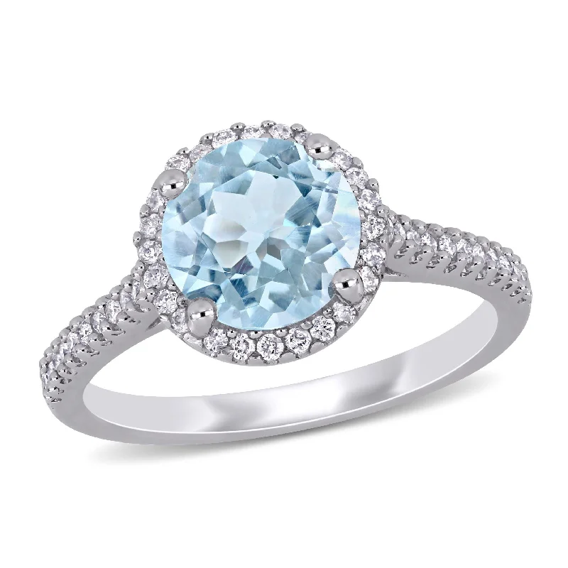 Miadora Aquamarine and 1/4ct TW Diamond Halo Engagement Ring in 14k White Gold