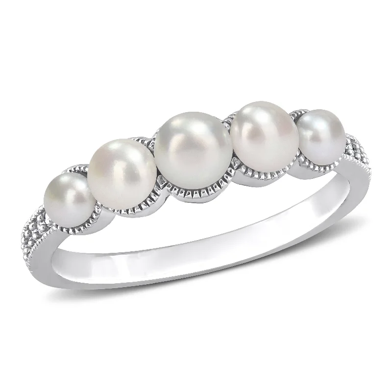 Miadora Cultured Freshwater Pearl and Diamond Accent Halo Five Stone Ring in 14k White Gold