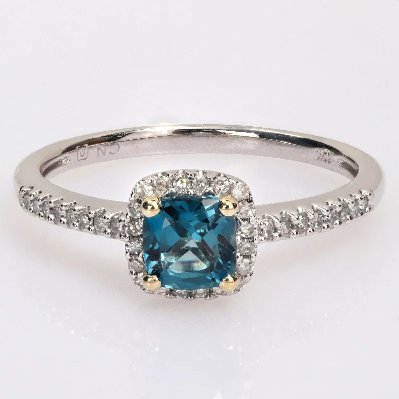 Miadora Cushion London-Blue Topaz and 1/6ct TDW Diamond Halo Engagement Ring in 2-Tone 10k Gold