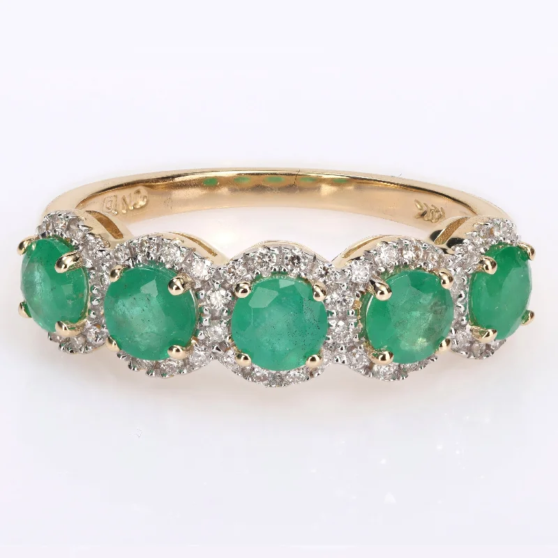 Miadora Emerald and 1/5ct TDW Diamond 5-Stone Halo Semi-Eternity Band Ring in 14k Yellow Gold