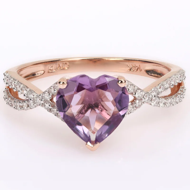 Miadora Heart-Cut Amethyst and 1/5ct TDW Diamond Crossover Ring in 14k Rose Gold