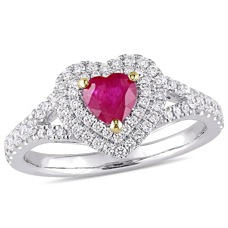 Miadora Heart Shape 3/5ct TGW Ruby and 2/5ct TW Diamond Double Halo Ring in 14k Gold