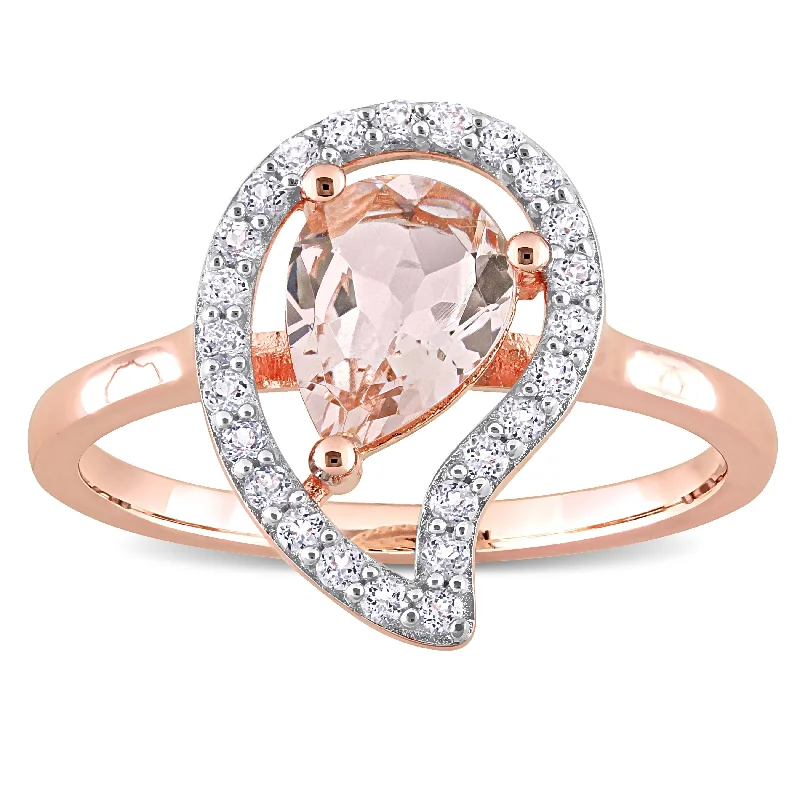 Miadora Morganite and White Topaz Halo Teardrop Ring in Rose Plated Sterling Silver