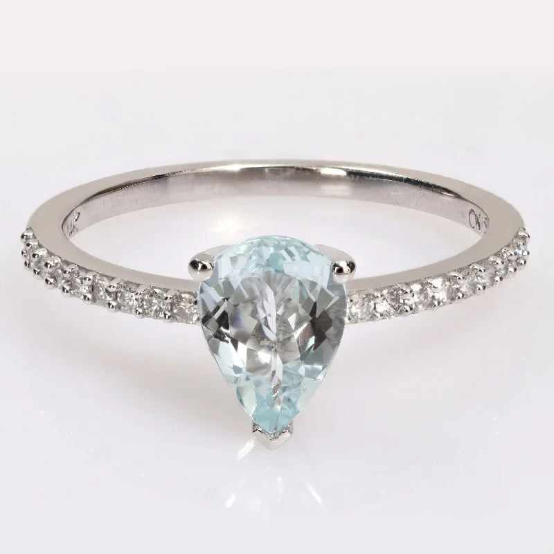 Miadora Pear-cut Aquamarine and 1/6ct TDW Diamond Teardrop Ring in 14k White Gold