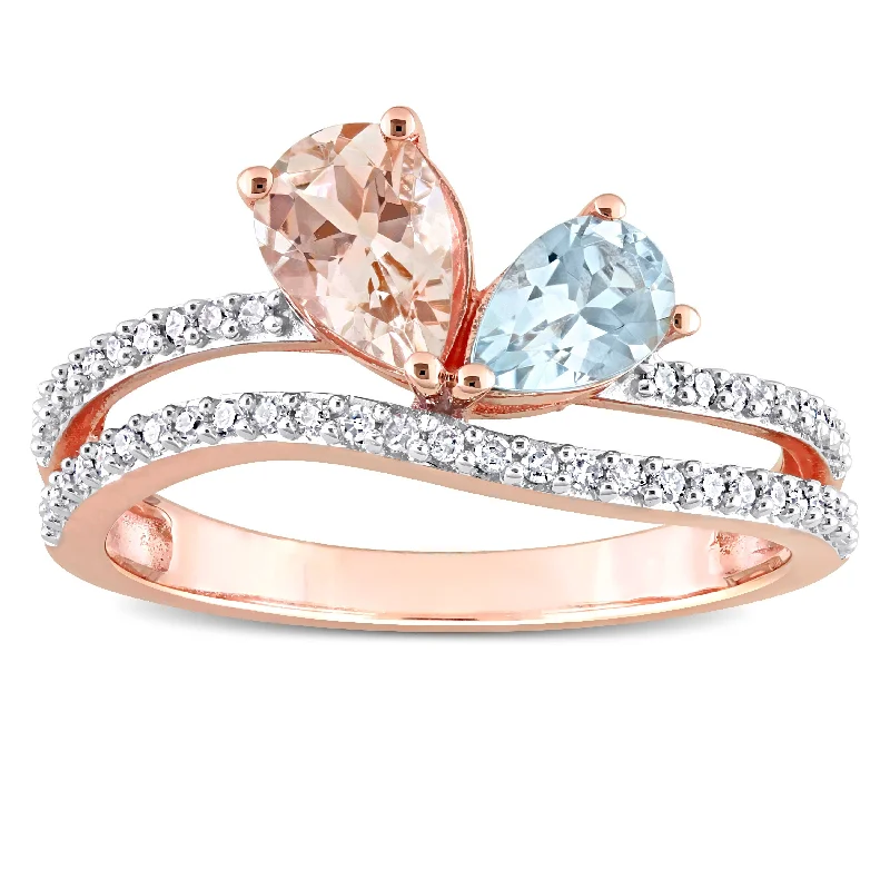 Miadora Pear shape Morganite, Aquamarine and 1/4ct TDW Diamond Open Engagement Ring in 10k Rose Gold