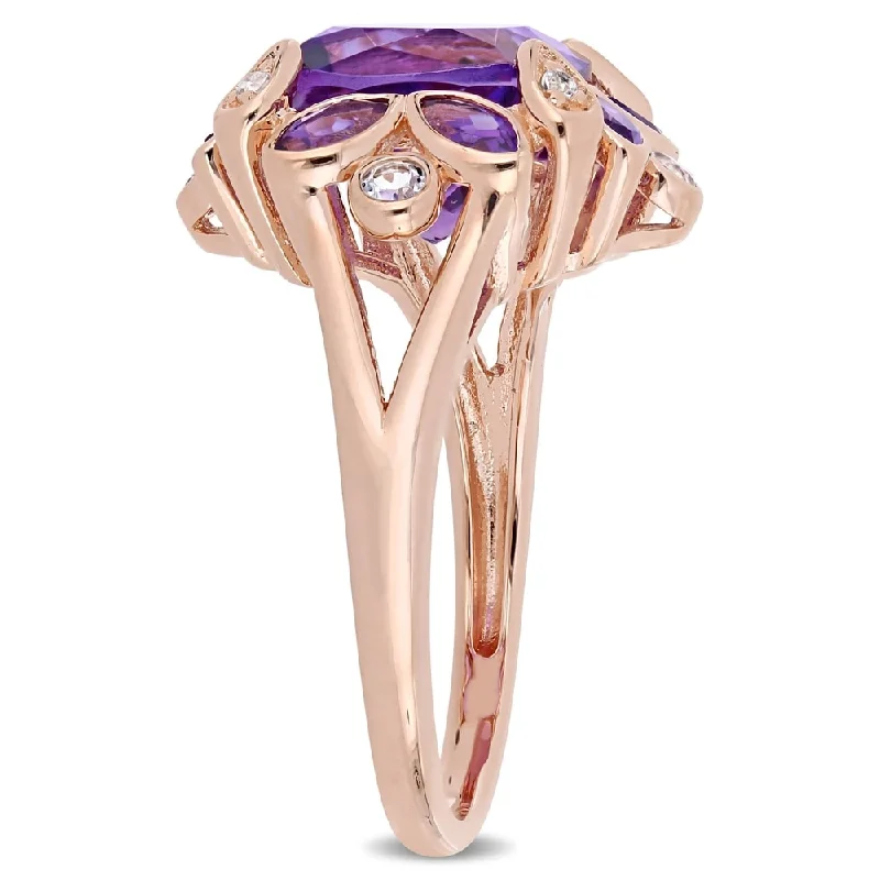 Miadora Rose Plated Sterling Silver Amethyst African-Amethyst and White Topaz Floral Halo Ring