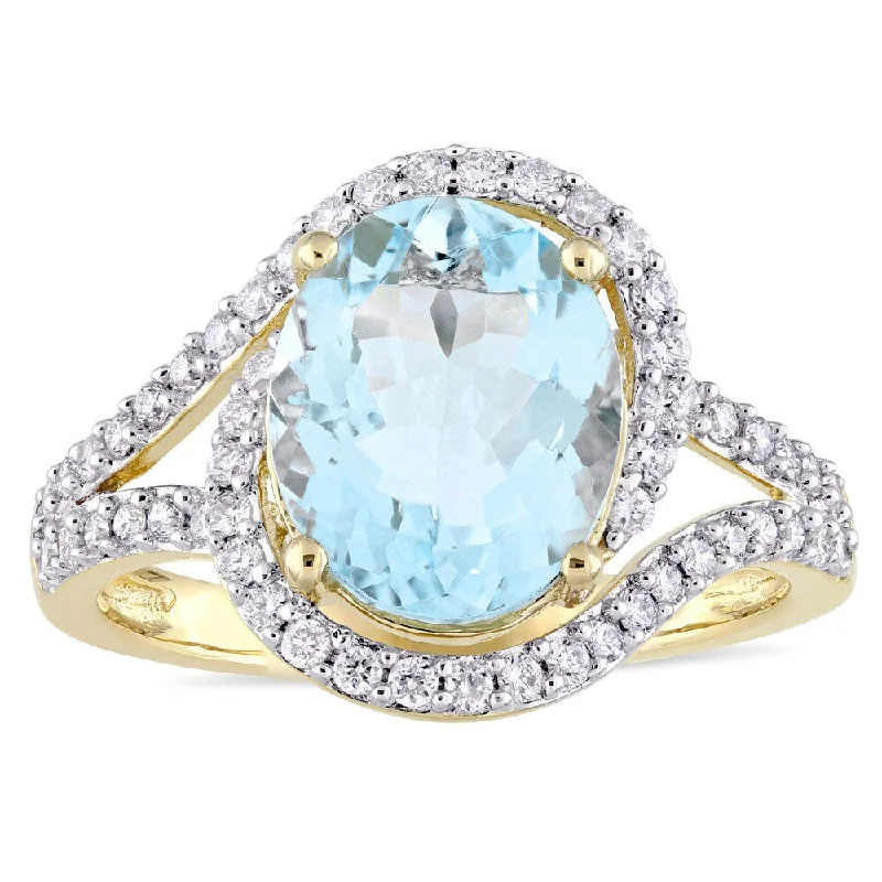 Miadora Signature Collection 14k Yellow Gold Aquamarine and 1/2ct TDW Diamond Crossover Halo Split S - Blue