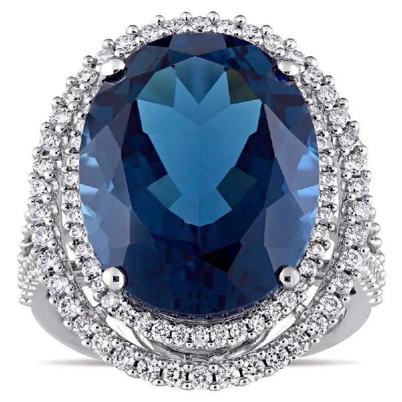 Miadora Signature Collection London Blue Topaz and 7/8ct TDW Diamond Double Halo Ring in 14k White G