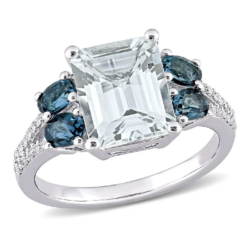 Miadora Sterling Silver Aquamarine London Blue Topaz and 1/10ct TDW Diamond 5-Stone Ring