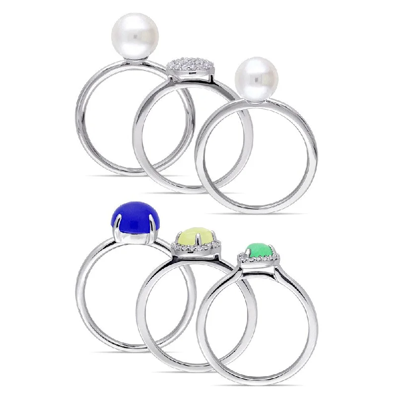 Miadora Sterling Silver Blue Yellow Dyed Green Quartz and White Topaz Pearl Six Piece Stacked Ring Set