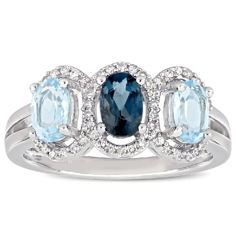 Miadora Sterling Silver London and Sky-Blue Topaz with 1/5ct TDW Diamond 3-Stone Halo Ring