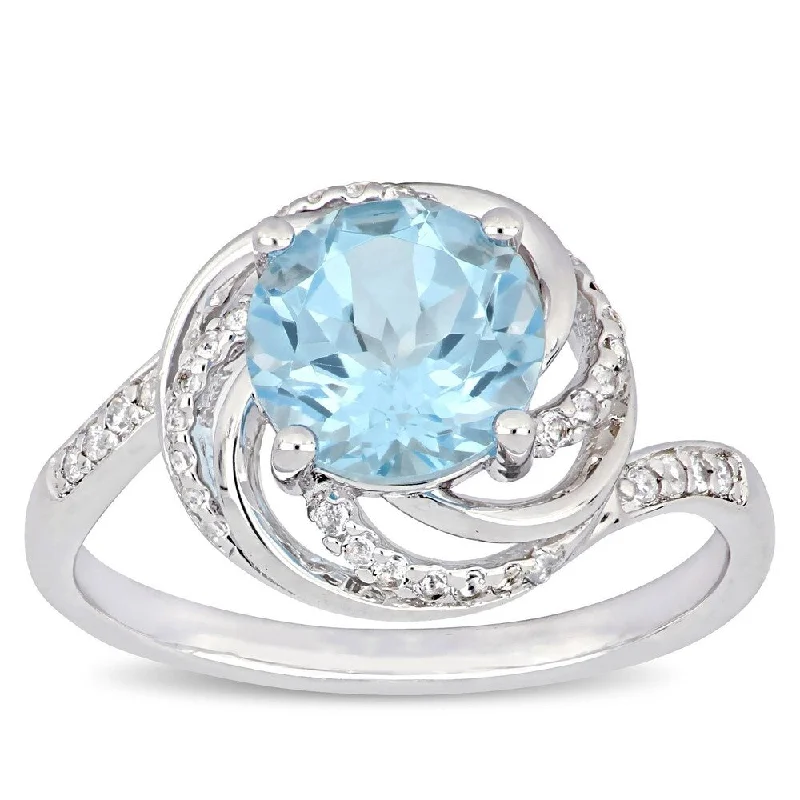 Miadora Sterling Silver Sky-Blue Topaz White Topaz & Diamond Swirl Halo Ring