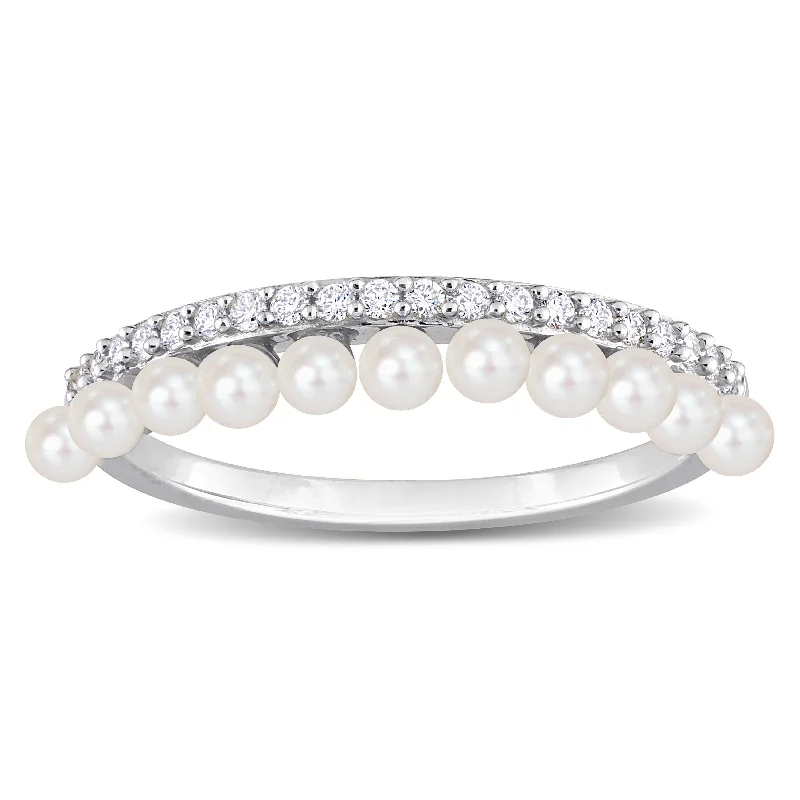 Miadora White Cultured Freshwater Pearl and 1/6ct TDW Diamond Eternity Ring in 14k White Gold